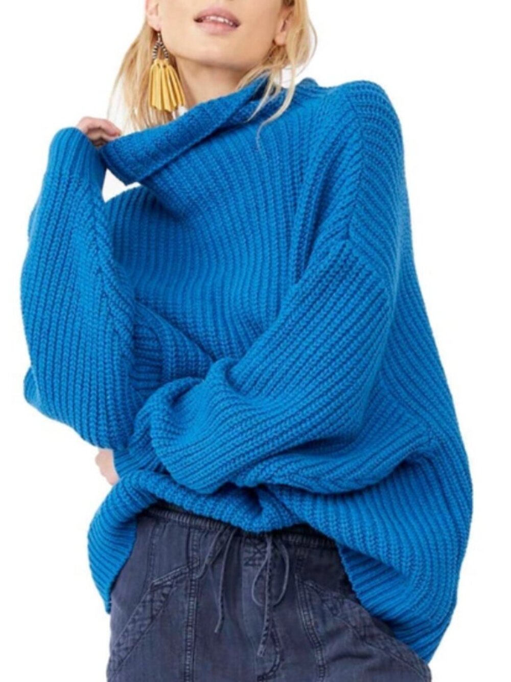 FREE PEOPLE Swim Too Deep Turtleneck Sweater Mykonos Blue Chunky Knit Small